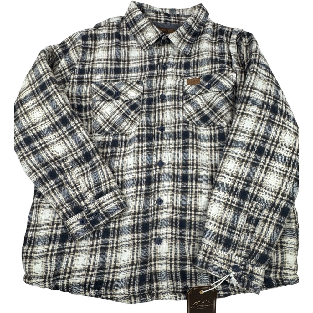 Mountain Ridge Mens XXL Sherpa Lined Flannel Shirt Jacket Tan Navy Plaid NEW